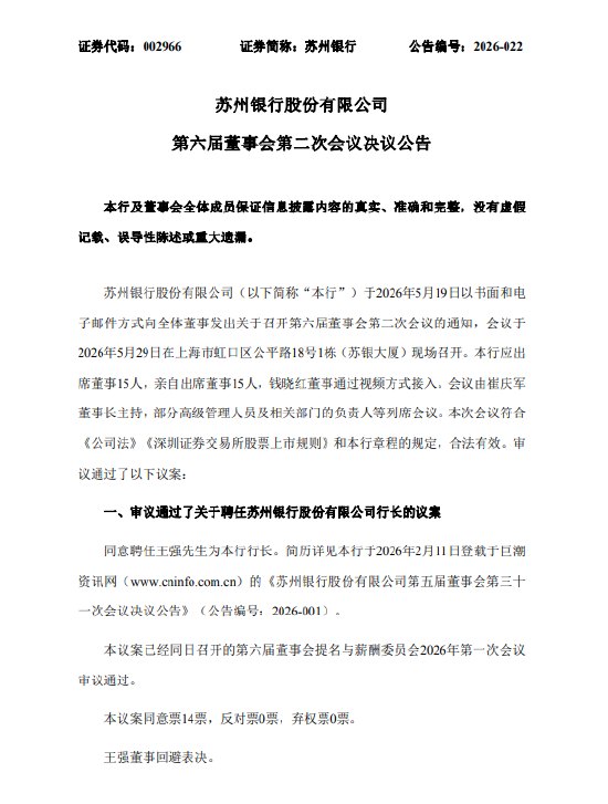 苏州银行:聘任王强为行长兼首席合规官 李伟、贝灏明、薛辉、赵刚为副行长