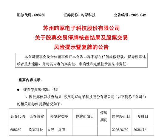 4倍牛股688260,停牌核查完成,明日复牌